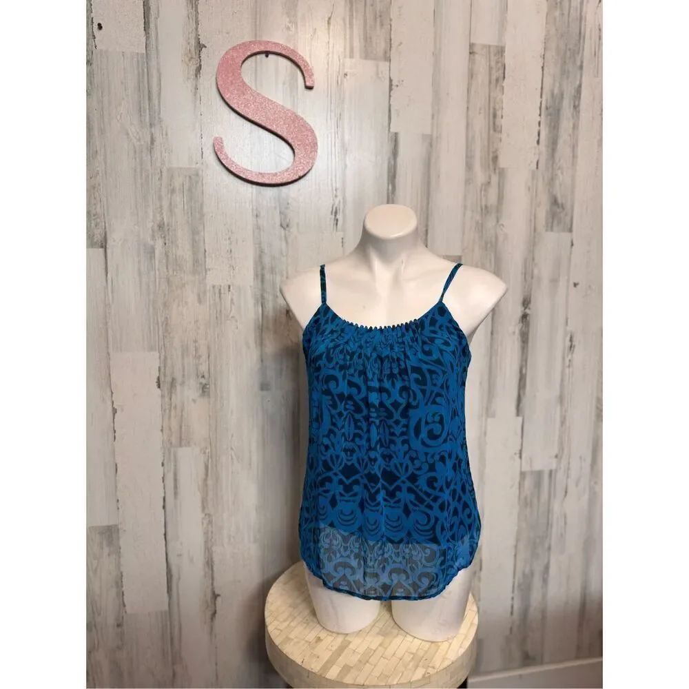 New York & Company Blue Printed Chiffon Tank Top Small Sheer Layered Cami